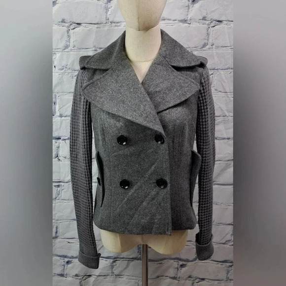 Burberry Women's Pea Coat Jacket Wool Chunky Knit Sleeves Gray  Vintage Y2K 4 US - Picture 1 of 16